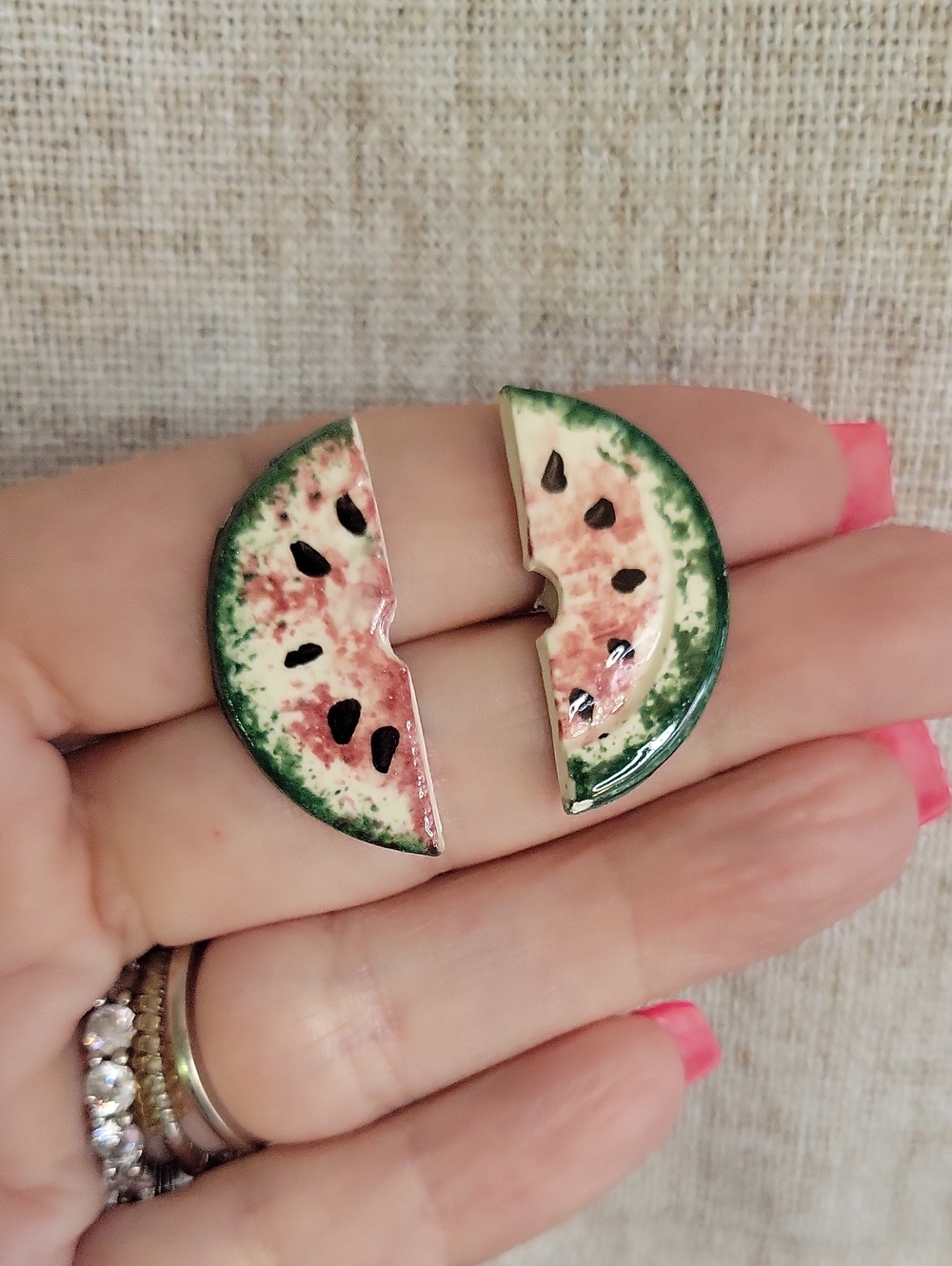 VTG 80s Watermelon Split Ceramic Statement Earrings Kitsch Retro